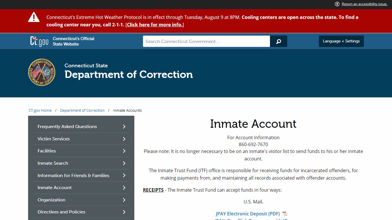 Inmate Accounts - CT.GOV-Connecticut's Official State Website